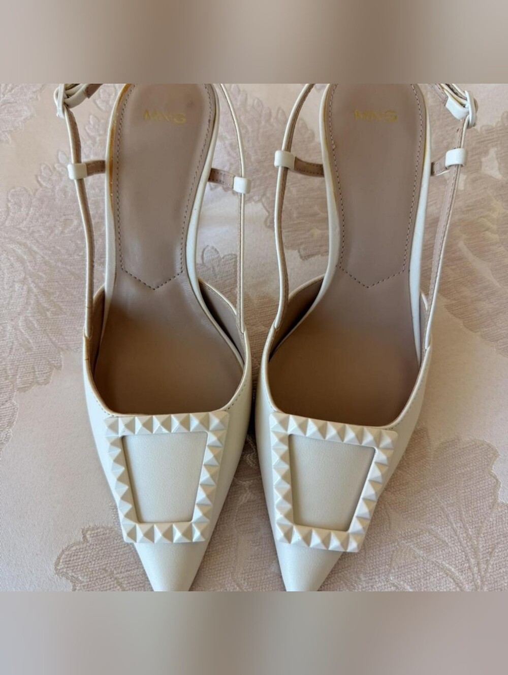 Mango White Pointed-Toe Slingback Heels with Pyramid Studs